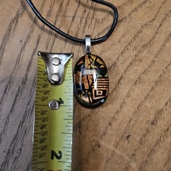 Women's Art Fused Black Glass Necklace With Gold Black String Silver Clasp Boho - Picture 8 of 10